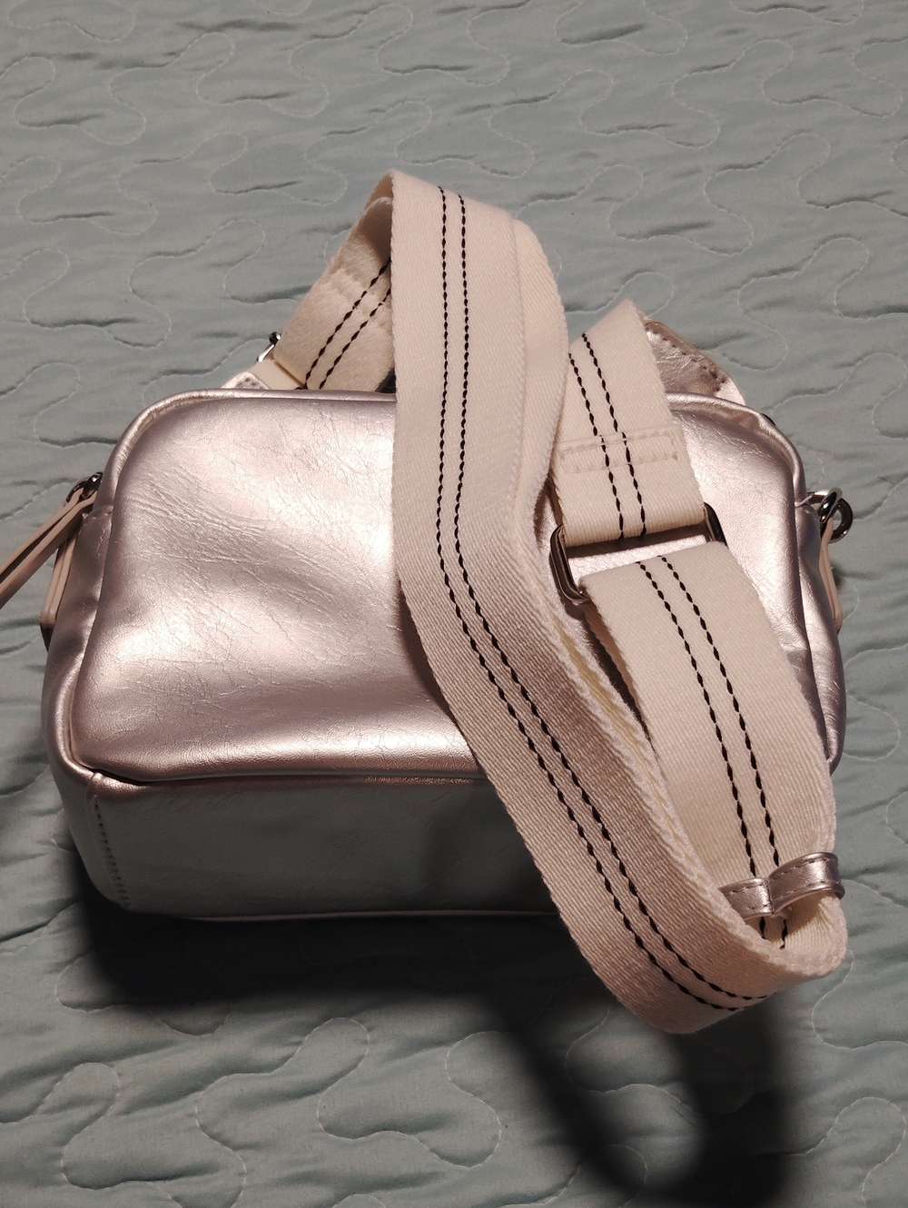 Metallic Silver Crossbody Bag with Cream Canvas Strap